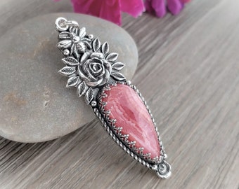 Rhodochrosite Bee and Flowers Pendant in Sterling Silver