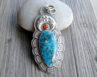 Hubei Turquoise Crescent Moon Pendant in Stamped and Oxidized Sterling Silver with Carnelian