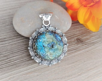 Carved Labradorite Round Mandala Pendant in Sterling Silver