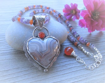 Laguna Lace Agate Heart Pendant Necklace - Valentine Day gift