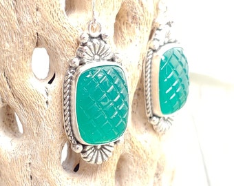 Green Onyx Chalcedony Earrings in Sterling Silver, Carved Gemstone