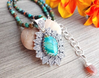 Hubei Turquoise and Sunstone Beaded Necklace and Pendant in Sterling Silver