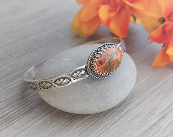 Orange Spiny Oyster Shell Cuff Bracelet in Sterling Silver