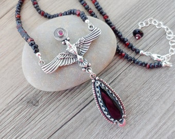 Raven Pendant Necklace with Black Onyx and Garnet in Sterling Silver