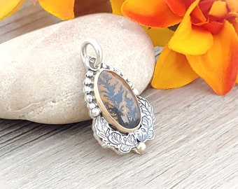 Dendritic Agate Pendant in Sterling Silver and 14 K Yellow Gold