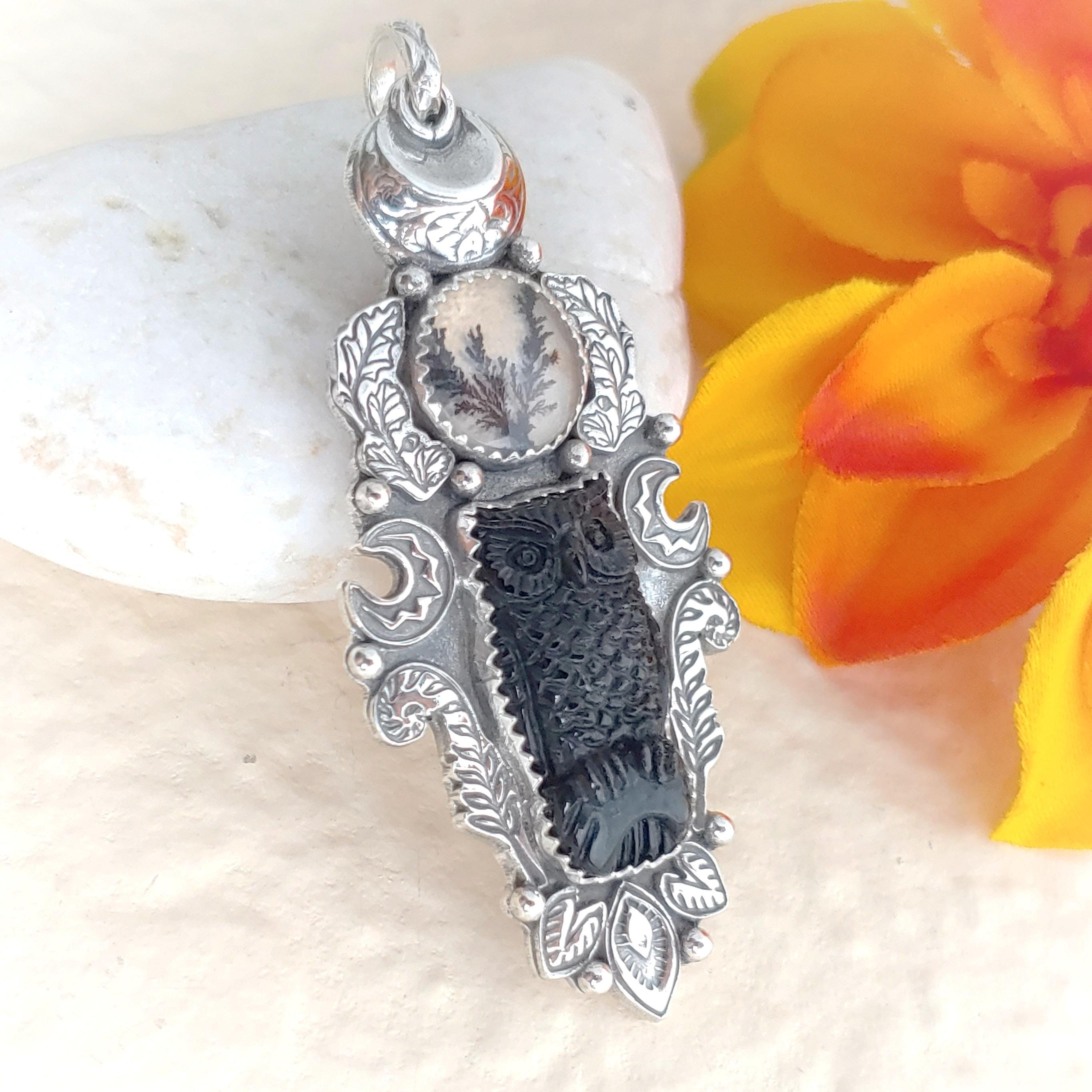 Carved Owl Pendant in Sterling Silver with Dendritic Agate and Crescent Moon
