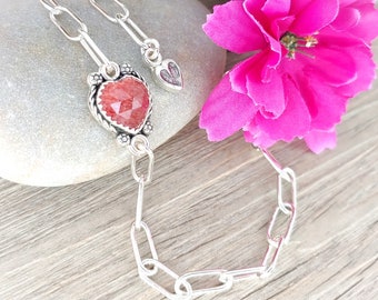 Paperclip Chain Heart Bracelet with Strawberry Quartz - Mother's Day Gift