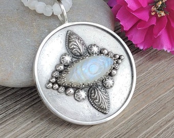 Rainbow Moonstone Evil Eye Pendant Necklace in Sterling Silver