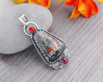 Linda Marie Plume Agate, Carnelian and Garnet Pendant in Sterling Silver