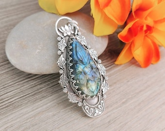 Carved Labradorite Teardrop Pendant in Sterling Silver