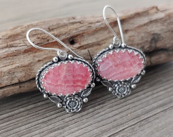 Rhodochrosite Oval Earrings in Sterling Silver - east west