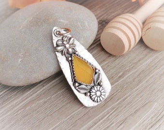 Bee 'n Honey Pendant in Rustic Sterling Silver with Yellow Chalcedony - teardrop shape