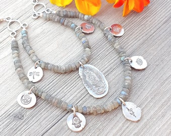 Labradorite Symbolic Charm Beaded Necklace in Sterling Silver - Our Lady of Guadalupe