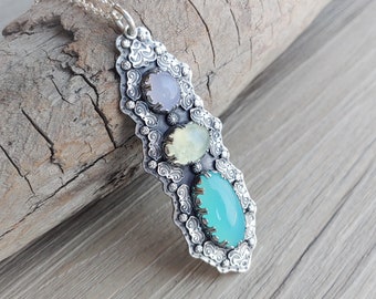 Long 3-Stone Pendant in Sterling Silver with Blue Chalcedony, Prehnite and Aqua Chalcedony