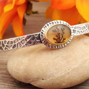 Dendritic Agate Cuff Bracelet in Sterling Silver and 14 K Yellow Gold