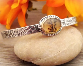 Dendritic Agate Cuff Bracelet in Sterling Silver and 14 K Yellow Gold