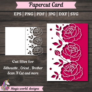 Peônia para convite de casamento com cartão de bolso triplo, design temático de peônias cortadas a laser Cameo, arquivos SVG de cartão para Silhouette e Cricut