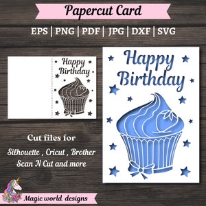 Capa de cartão de felicitações de feliz aniversário SVG Design, cupcake doce svg, pop-up de duas camadas, aniversário, faça seu próprio cartão com Cricut, Papercut