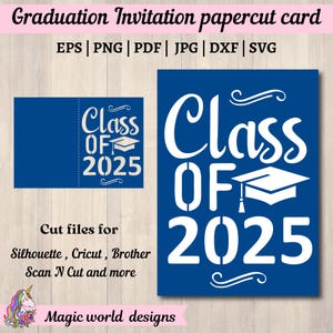 SVG 卒業招待状、2025 年度卒業クラス Cricut カット ファイル 三つ折りポケット、グリーティング カード シニア 2025 シルエット カメオ レーザーカット 卒業 SVG