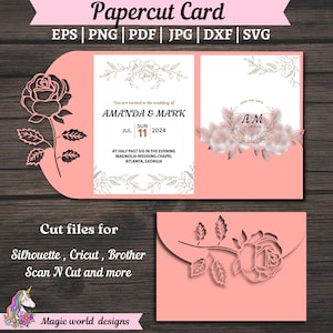 Roses Wedding invitation SVG 5x7, Luxury  Card Template for cutting on Cricut, Cameo, Laser cut. Cutout paper gate fold card.