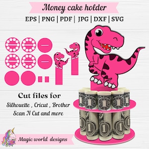 Roze dinosaurus meisje svg, verjaardag geld taart houder Svg, diy verjaardagscadeaus voor vrienden, 3D-papier svg voor Cricut & Silhouette