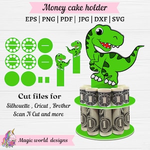 Pastel de dinero con forma de dinosaurio SVG. Porta billetes de cartulina. Archivo de corte de plantilla SVG para Cricut. Diseño de tarjeta de corte con plantilla SVG y corte de papel.