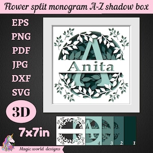 Monogramma diviso fiore personalizzato 3D A-Z Alfabeto Shadow Box svg, Arte di carta a strati, File di nome di famiglia Cricut & Silhouette, Regalo di inaugurazione della casa