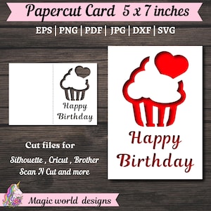 Tarjeta de papel recortada con texto "Feliz cumpleaños" de Capcake, archivo digital compatible con máquinas de corte Cricut y Silhouette