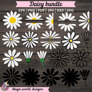 May include: A collection of daisy flower designs in various styles, including full blooms, half blooms, and outlines. The daisies feature white petals and yellow centers. The image includes the text "Daisy bundle" and file type options.