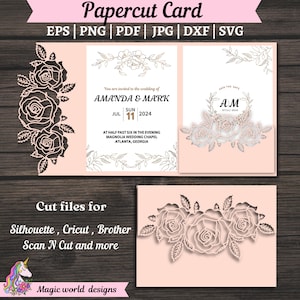 Invito di nozze con rose SVG 5x7, modello di biglietto di lusso per il taglio su Cricut, Cameo, taglio laser. Biglietto di carta ritagliato con piega a cancello.