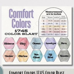 Tabla de tallas de Comfort Colors 1745 / Tabla de colores y tallas de Comfort Colors 1745 Color Blast / Tabla de colores de Comfort Colors 1745 / Tabla Color Blast