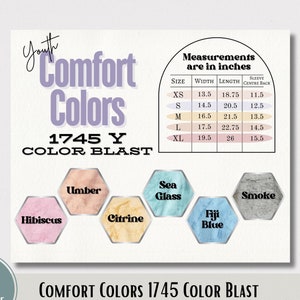 Puede incluir: Tabla de colores y tallas para la ropa juvenil Comfort Colors 1745 Y Color Blast, con una tabla de medidas en pulgadas para las tallas XS a XL. La tabla incluye una representación visual de los colores disponibles: Hibiscus, Umber, Citrine, Sea Glass, Fiji Blue y Smoke.