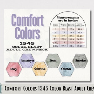 Może przedstawiać: Tabela kolorów dla rozmiaru dorosłego Comfort Colors 1545 Color Blast Adult Crewneck. Tabela przedstawia różne dostępne kolory, w tym ametyst, paproć, dym, glina, cytryn i ocean. Zawiera również tabelę rozmiarów z wymiarami w calach dla szerokości, długości i środka pleców rękawa.