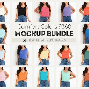 Puede incluir: Un paquete de maquetas de camisetas sin mangas Comfort Colors 9360 en varios colores, incluyendo blanco, negro, rosa, morado, naranja, azul, amarillo, verde y marrón. La imagen incluye el texto "Comfort Colors 9360 MOCKUP BUNDLE" y "31 HIGH QUALITY JPG IMAGES."