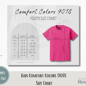 May include: A vibrant pink youth t-shirt with a size chart. The chart shows sizes XXS to XL, with measurements in inches. The text reads "Comfort Colors 9018" and "Kids Comfort Colors 9018 Size Chart."