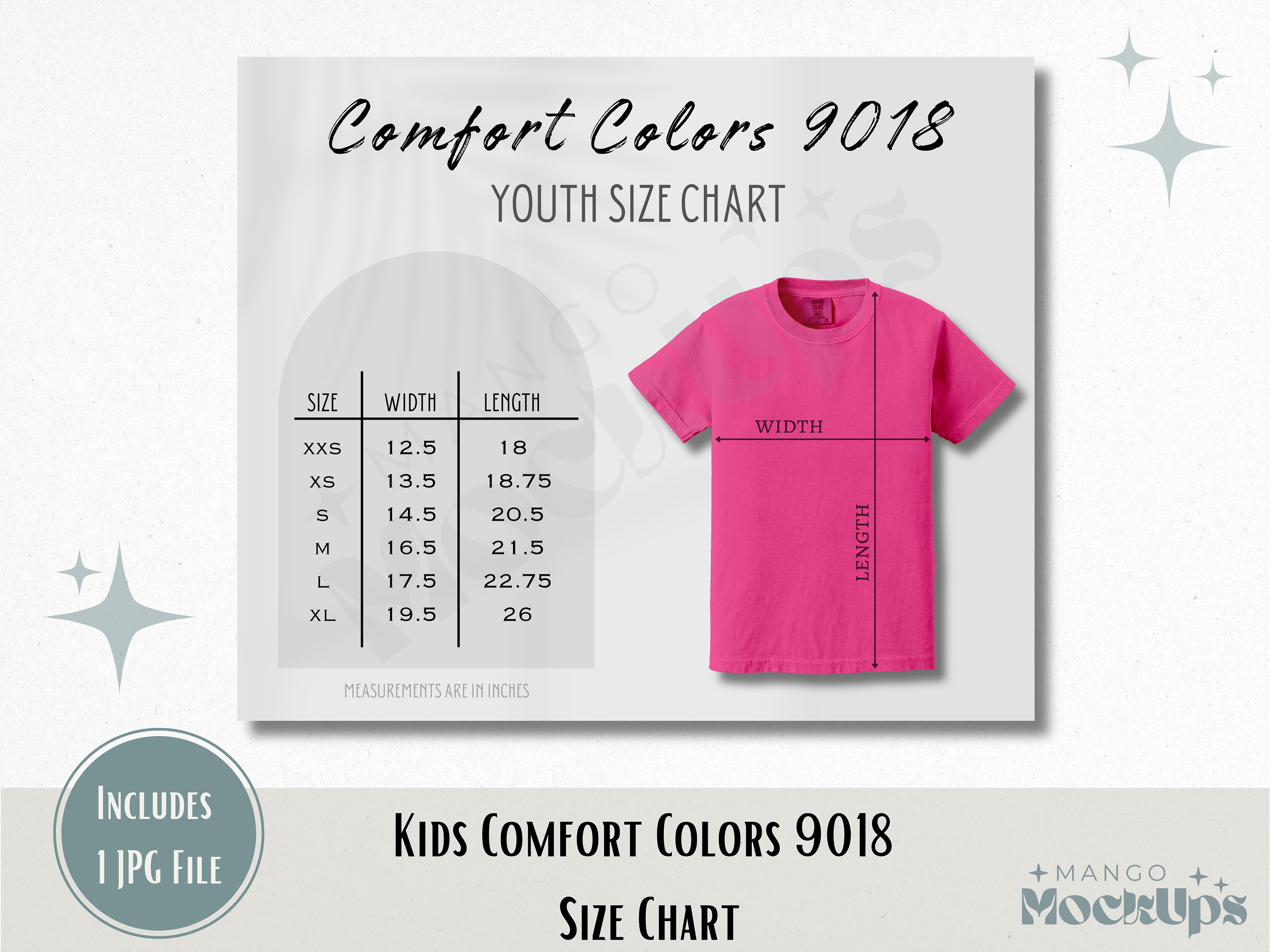 Comfort Colors 9018 Size Chart | Kids Comfort Colors Size Chart | Youth Comfort Colors Size Chart | JPG File