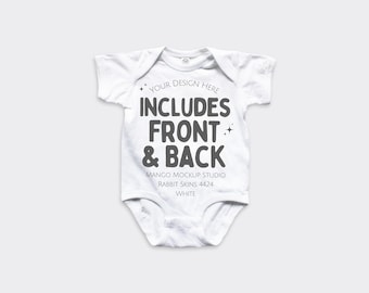 Rabbit Skins 4424 White Baby Bodysuit Mockups | 4424 Front and Back Flat Lay Mock-up | Real product Mock | Gender Neutral Minimalist Onesie