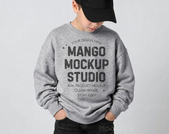Gildan 18000B Youth Sport Grey Sweatshirt Mockup | G180 Youth Crewneck Mockups