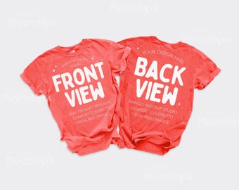 Comfort Colors c1717 Neon Red Orange Shirt Mockup | CC1717 Front and Back Flat Lay Mockup