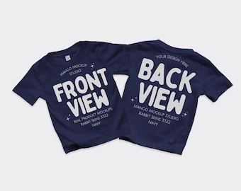 Rabbit Skins 3322 Navy Shirt Mockup | Baby 3322 Blue Front and Back Flat Lay T-Shirt Mockups | Real Product Mocks