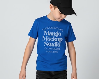 Gildan 64000B Royal Blue Tshirt Mockup | Youth Gildan Tshirt Mockups | Printify Mockups | Print on Demand Mockups | Real Male Model Mockups