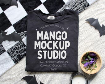 Comfort Colors c1717 Black Shirt Mockup | CC 1717 Halloween Flat Lay Mockups | Real Product Mocks | Spooky Fun Trendy Halloween Mock