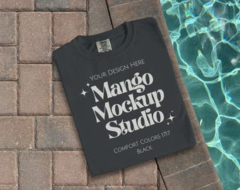 Comfort Colors c1717 Black Shirt Mockups | CC 1717 Front and Back Flat Lay Mockup | Real Product Mocks | Fun Trendy Summer Poolside Mock