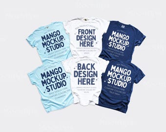 Comfort Colors c1717 Group Shirt Mockup | Front and Back 1717 Mockups | Real Product Mocks | CC1717 Chambray White True Navy | Flat Lay Mock