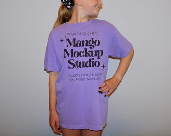 Comfort Colors c9018 Violet Shirt Mockups | CC9018 Front and Back Mockups Youth | Oversized TShirt Mockup | Kids Purple Shirt Mockups