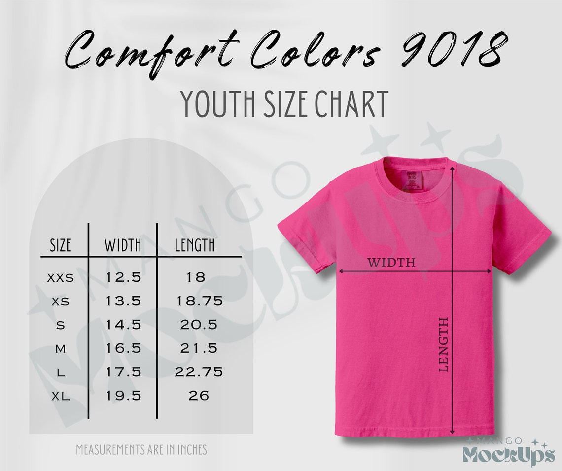 May include: Youth size chart for Comfort Colors 9018 t-shirts. The chart shows the width and length measurements in inches for sizes XXS, XS, S, M, L, and XL.