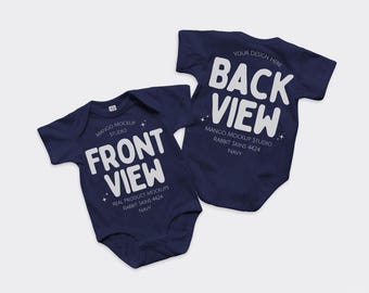 Rabbit Skins 4424 Navy Baby Bodysuit Mockup | 4424 Front and Back Flat Lay Mockups | Real product Mock | Gender Neutral Minimalist Onesie