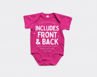 Rabbit Skins 4400 Hot Pink Baby Bodysuit Mockups | Green Front and Back Flat Lay Mockup | Real Product Mocks | Digital Download