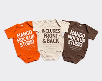 Rabbit Skins 4400 Group Thanksgiving Baby Bodysuit Mockups | Orange Natural Brown | Front and Back Flat Lay Mockup | Real Product Mockups
