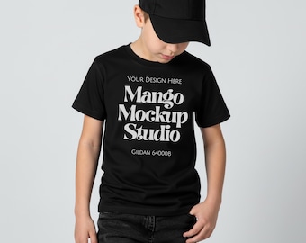 Gildan 64000B Mockup | Kids black T-Shirt Mockup | Youth black Tshirt Mockup | Printify Mockups | Print on Demand Mockups | Real Mockups